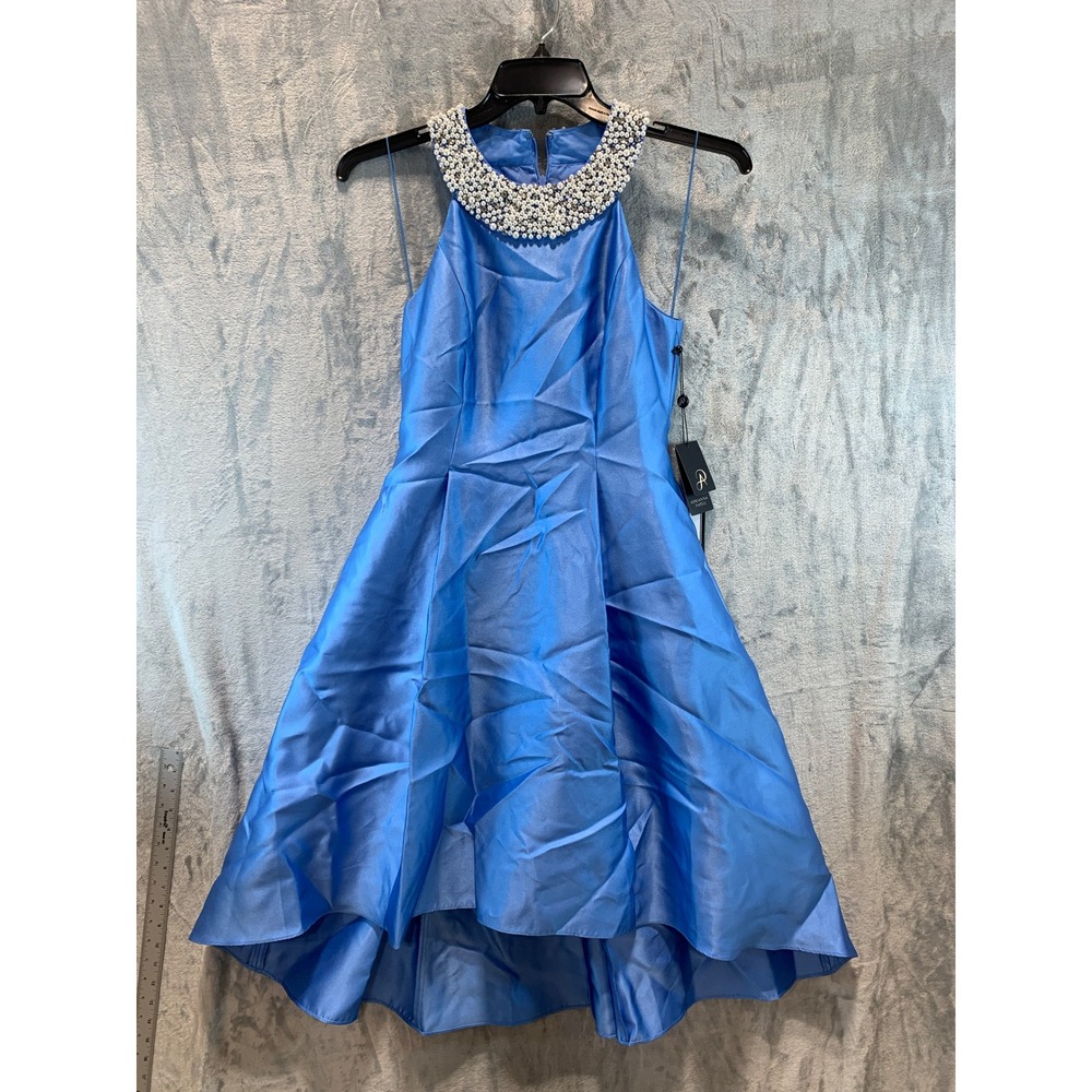 Adrianna Papell Mikado Halter Dress Blue Pearl Embellished High-Low 4 AP1E207350